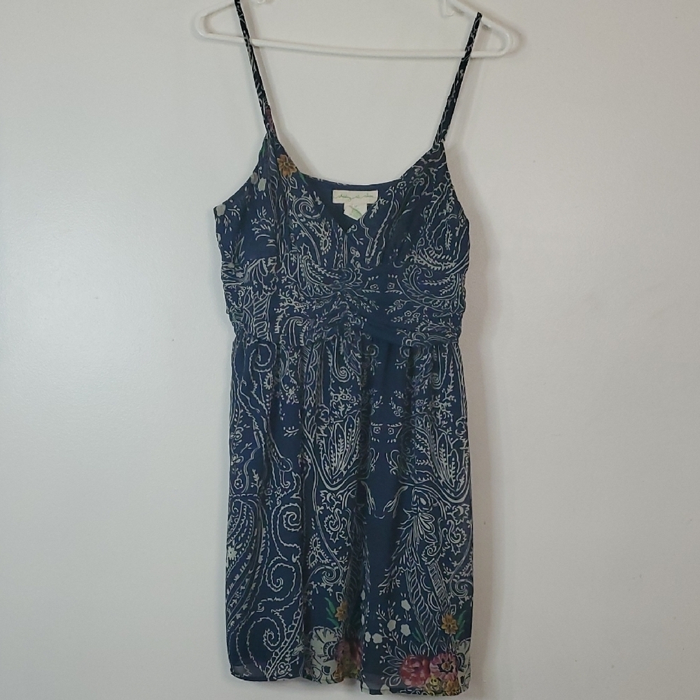 Athropologie Staring At Stars Mini Dress Size 10 Paisley Floral Zip Side Navy